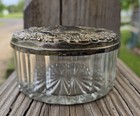 Vintage Godinger Glass Vanity Jar Trinket Box Powder Puff Silver Plate Lid 80s