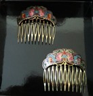 Vintage Lot Of 2 Cloisonn   Enamel Gold-tone Floral Butterfly Hair Combs