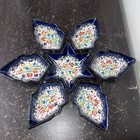 7 Piece Kutahya Turkish Art Pottery Blue White Ceramic Star Bowls Signed Floral