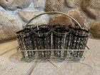 Set Of 8 Vintage Black   Gold Tumbler Glasses In Gold Metal Caddy With Gold Rims