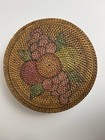 Antique Woven Lacquered Round Lidded Basket Hand Painted Fruit Flowers 9 5   