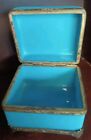 Antique Chinese Blue Opaline Glass Casket Box Jewelry Trinket Engraved Brass