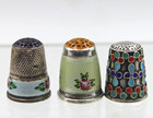 Vintage Sterling Silver Thimbles Lot Of 3 Enameled   Roses  glass Tops