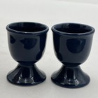 Vtg Polish Pottery Folk Art Ceramic Stoneware Egg Cup Set Of 2 Dark Navy Blue