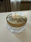 Vintage Powder Jar Box Ribbed Glass Vanity Dresser Round Gold Metal Lid Deco