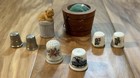Lot Of 7 Vintage Thimbles   A Wooden Bucket Pin Cushion