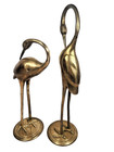 Antique Pair Solid Brass Crane Bird Statues Attached Base 12 Inch Euc