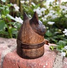 Antique Black Forest Carved Cat W  Glass Eyes Wood  Inkwell C1900 Excellent