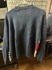 Heirloom Collectible Men s Blue Knit Cardigan Sweater Patchwork Heart Floral L