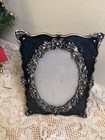 Gray Enamel Swirl W Blue Jewels In Roses - Picture Photo Frame - Free Standing