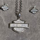Harley Davidson Bar   Shield Clear Crystals Pendant Chain   Earrings 99412-12vw