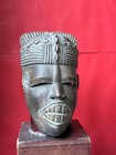 Unique Vintage West African Mask     Carved Wood Bared Teeth Coiffure 9 5 