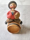Vintage Hand Carved Wood Man Riding A Barrel Wobbly Head Drunk Anri