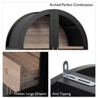71in Arch Pantry Cabinet Wood Grain Glass Doors Hidden Drawer Adj Shelves Black