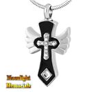 New Wings Cross Black Enamel Crystal Ashes Urn Cremation Memorial Necklace