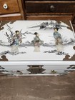 Vintage Asian Jewelry Box White Wood Mother Of Pearl Shell Geishas 3 Drawers