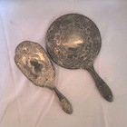 Antique Ornate Silver Plated  heavy  Victorian Hand Mirror And Brush Vanity Set