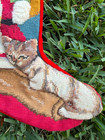 Vintage Christmas Stocking 3d Needlepoint Cat Teddy Bear Santa Sleeping Cat Rare