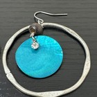 Vtg Earrings Silver Tone Turquoise Shell W  Crystal Drop Pierced Dangle Round