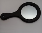 Vintage Solid Wood Handheld Vanity Mirror Black Brass Emblems 