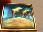Pre-owned Vintage Tiny Square Gold Metal Enamel Pill Box With Mop Dolphins 1 5 