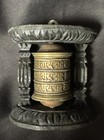 Vtg Tibetan Prayer Wheel Copper Brass Cylinder In Carved Wood Frame 1970s