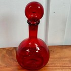 Vintage Ruby Red Glass Decanter Set With Ball Stopper And 7 Shot Glasses Mcm