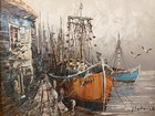 Vintage Dockside Boats Harbor Wood Framed Canvas Oil Painting Signed Florence