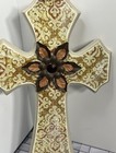 Bohemian Artisan Metal   Wood Cross W flower Wall Hanging Art Vintage Jesus