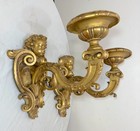 Large Pair Antique Ornate Carved Italian Gilt Wood Cherub Wall Sconce Fixtures