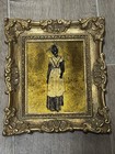 Vintage Black Americana Portrait Gold Foil Painting Ornate Rococo Frame Signed