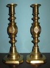 Antique Pr 19th Century Victorian Brass Bullseye Good Luck Candlesticks 11   