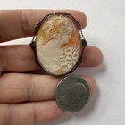 Antique Sterling Silver Carved Shell Victorian Woman Floral Cameo Brooch Oval