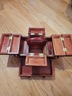 Wooden Sewing Box Tabletop Accordion Fold Out 7 Compartments   Handle Vintage