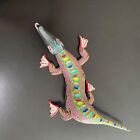 16  Signed Colorful Carved Painted Wood Mouth Open Lizard Oaxaca Mexico Folk Art