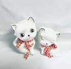 Vintage Ceramic Porcelain White Cat And Kitten With Red Bow Figurines