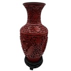 Vintage Carved Cinnabar Floral Vase Blue Enamel With Wooden Stand 9 1 8 