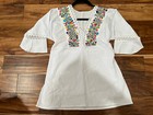 Latin Women Frida Handmade Embroidered Mexican Blouse Medium White Flowers New