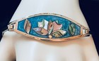 Vtg Mexico Alpaca Bracelet Blue Enamel Abalone Inlay Flower Hinged Bangle 7   