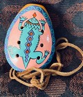 Vintage Clay Ocarina Whistle Flute With Leather Strap With Pink And Blue Lizard