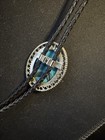 Turquoise Oval Aztec Style Bolo Tie 40  Genuine Leather Cord Antique Silver Tone