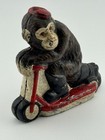 Vintage Cast Iron Monkey Ape Animal W  Red Pill Box Hat Riding On Scooter Figure