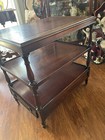 Antique English Mahogany Tea Trolley  Tea Cart 3 Tier Leather Top   Long Drawer