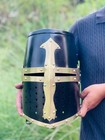 Medieval Crusader Knight Helmet  Black Steel   Brass Armor  Larp Cosplay
