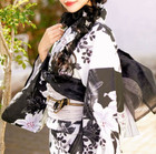 Japanese Summer Kimono Yukata Robe Deep White Lily Pattern Obi Set Women s