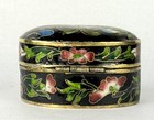 Chinese Cloisonne Enamel Trinket Pill Box Blue Oriental Floral Brass Rim Vintage