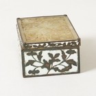 Antique Chinese Trinket Box Etched Brass   Enamel With Carved Jade Lid 3 5 