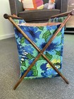 Vtg Knitting Sewing Caddy Basket Folding Wood Frame W blue Floral Flowers Design