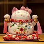 Japanese Lucky Cat Maneki Neko Pink White Pottery 7 8  Near Mint From Japan
