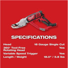 Milwaukee Tool 2637-20 M18 18v 18-gauge Cordless Single Cut Metal Shear  bare